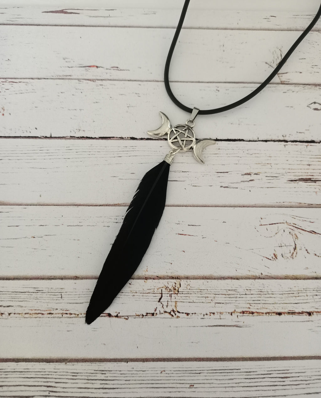 Triple moon goddess feather necklace