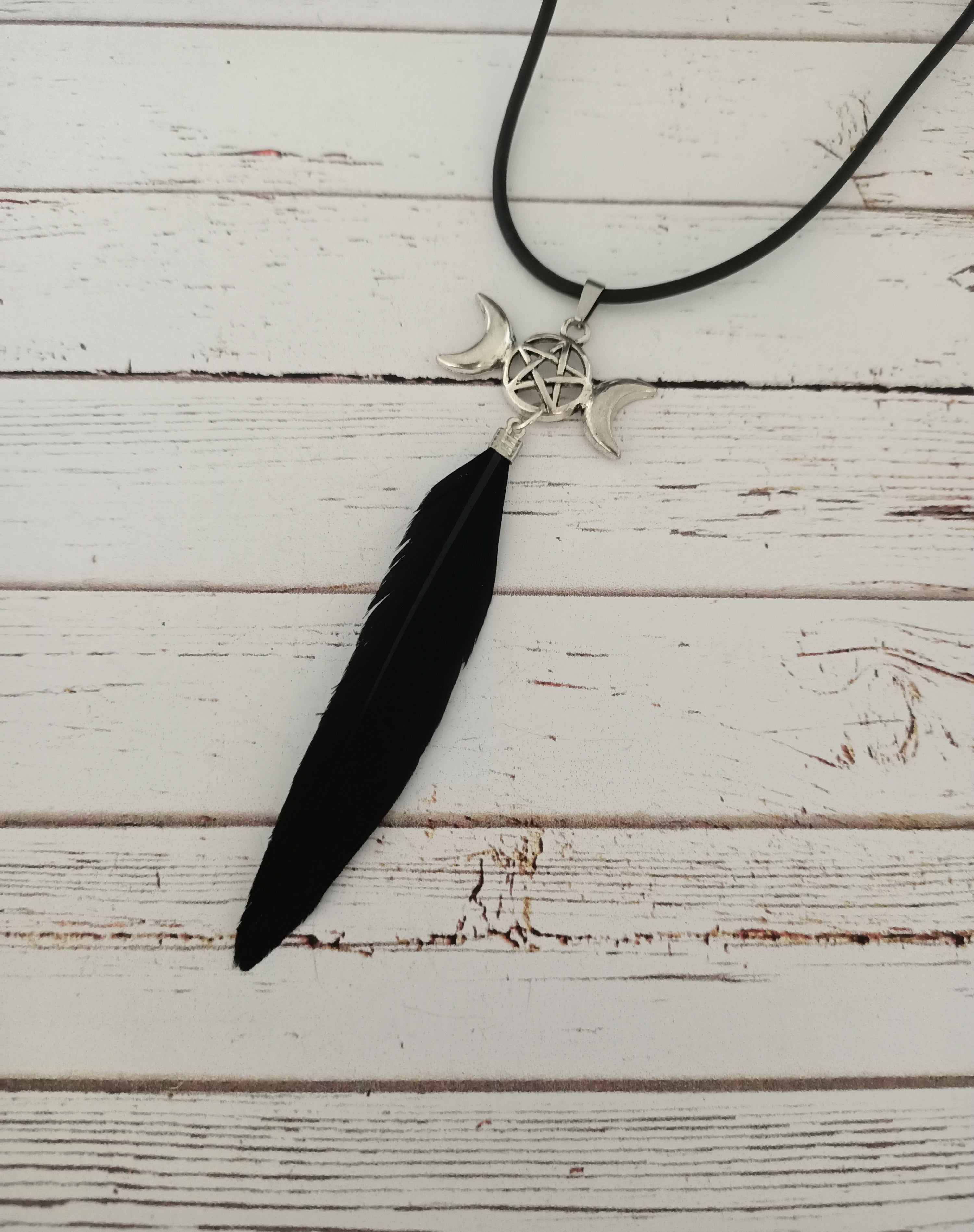 Triple moon goddess feather necklace