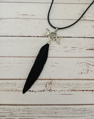 Triple moon goddess feather necklace