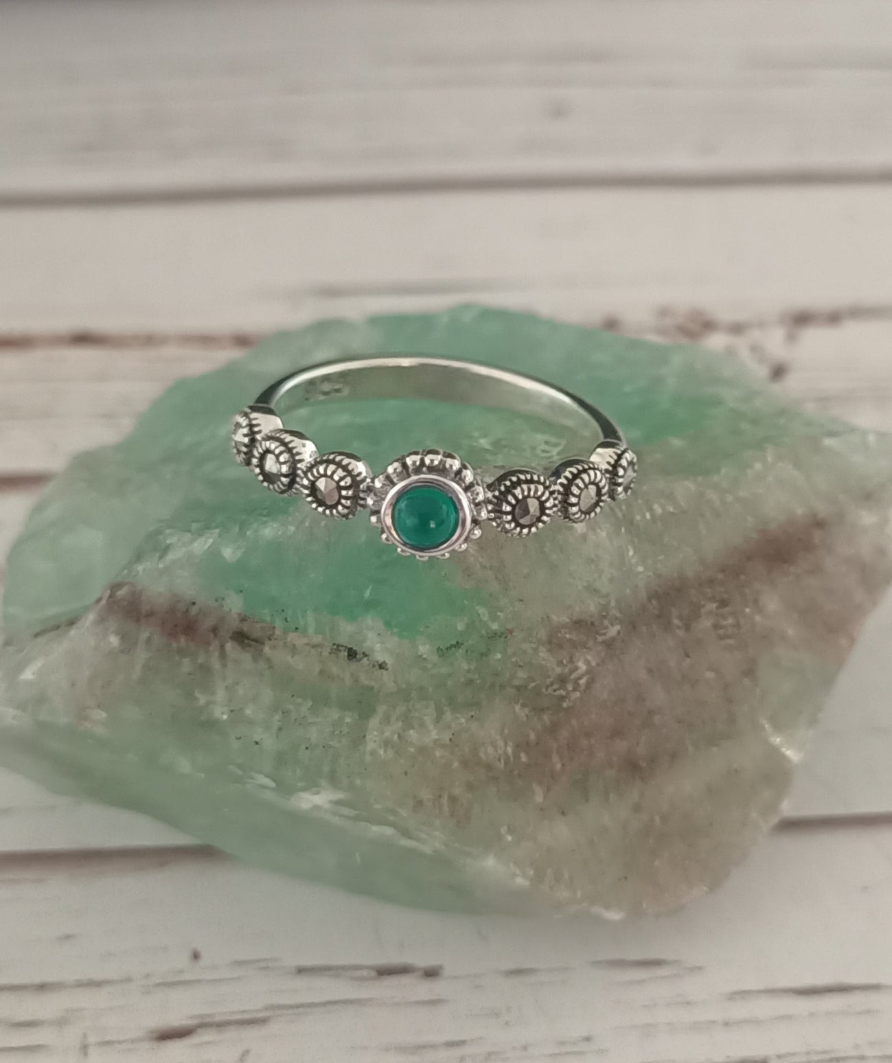 Sterling Silver Emerald Marcasite ring