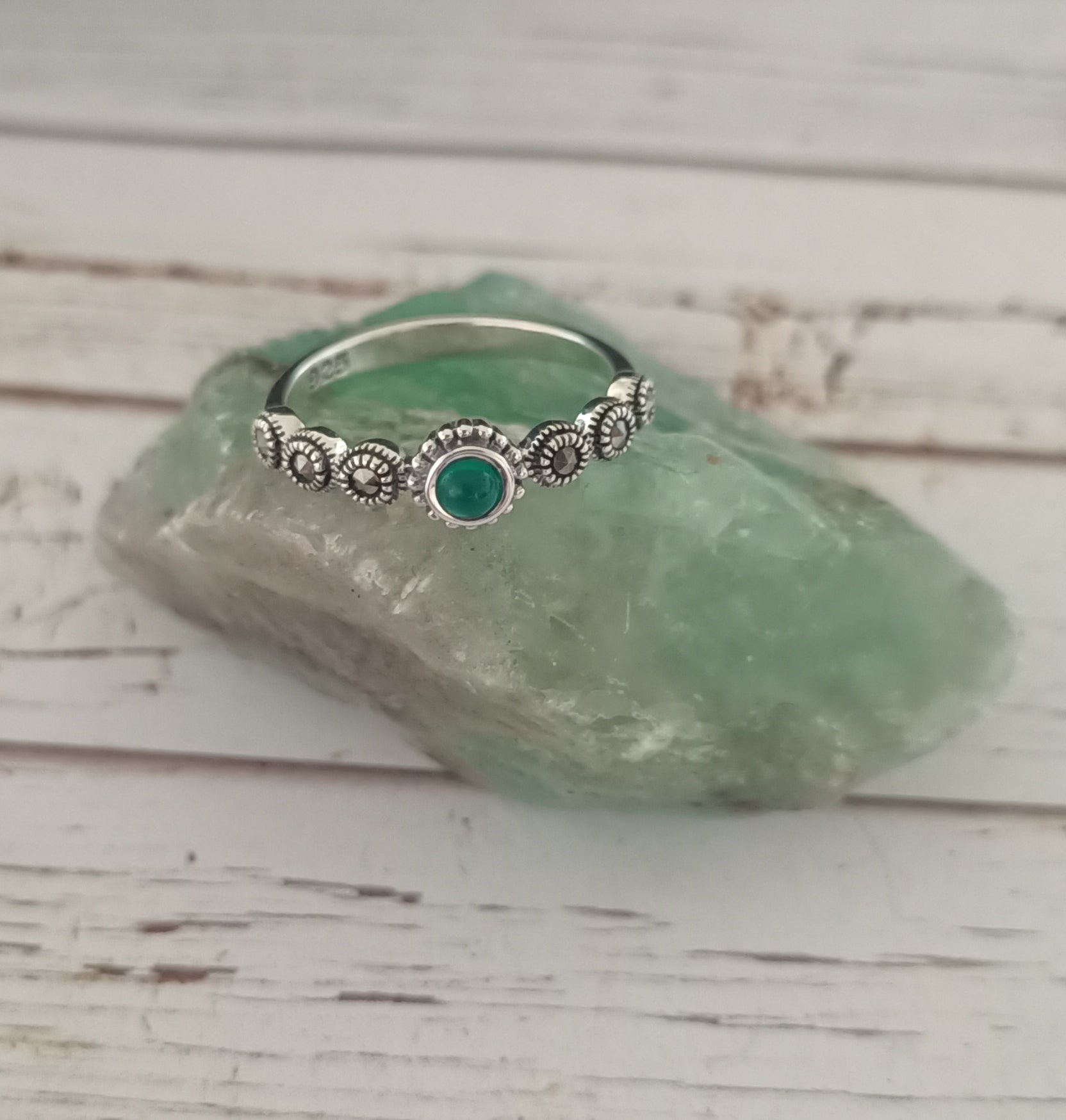 Sterling Silver Emerald Marcasite ring